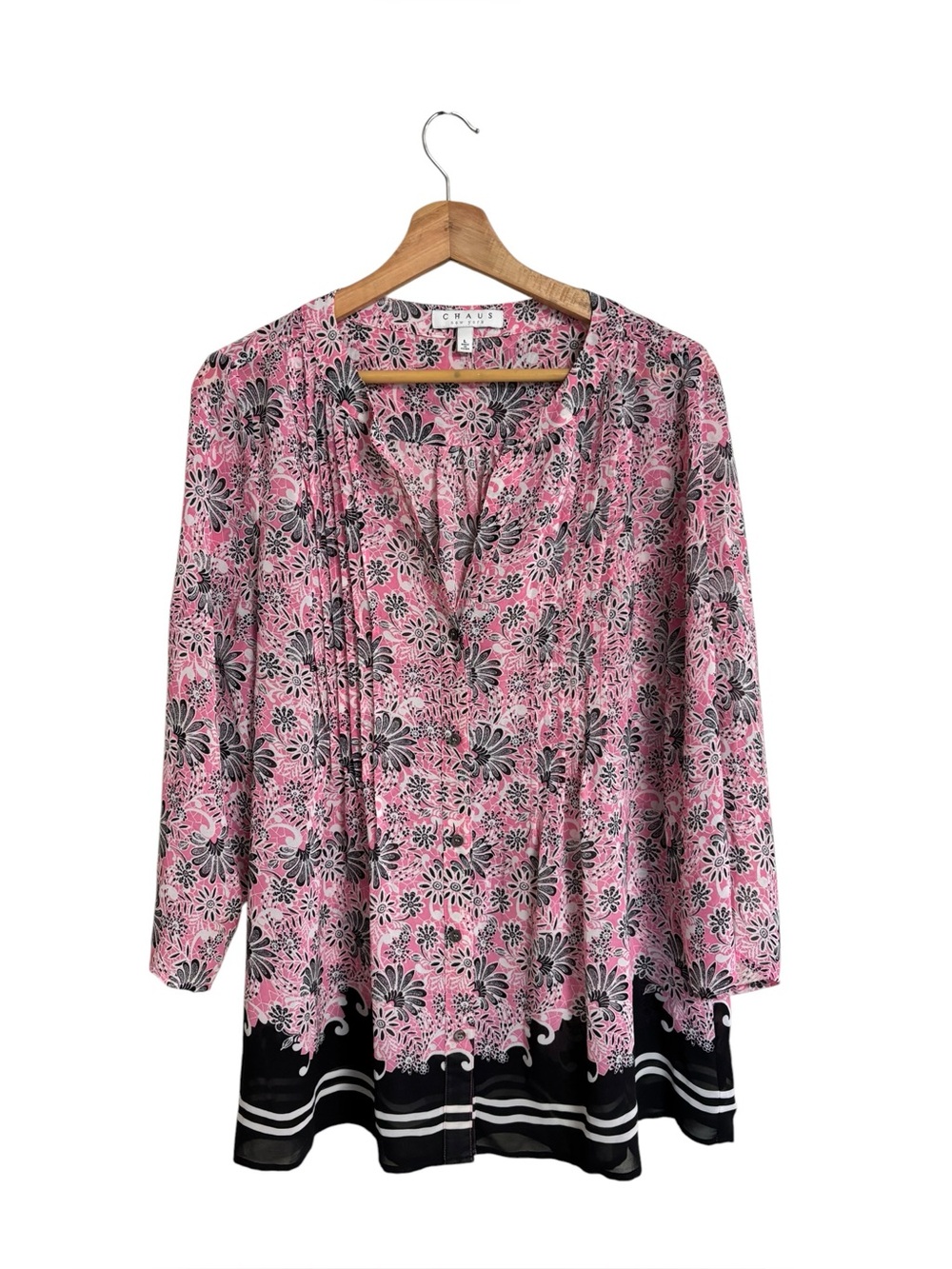 Chaus NY pink black floral pattern sheer V neck button up boho flowy blouse L